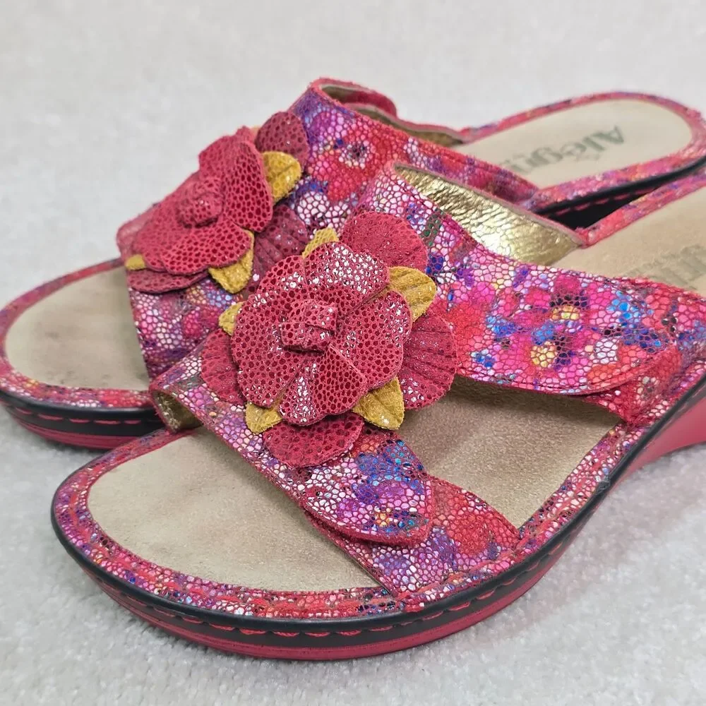 Alegria Lana  Red Leather Wedge Platform Sandals Flower Women's Size 37